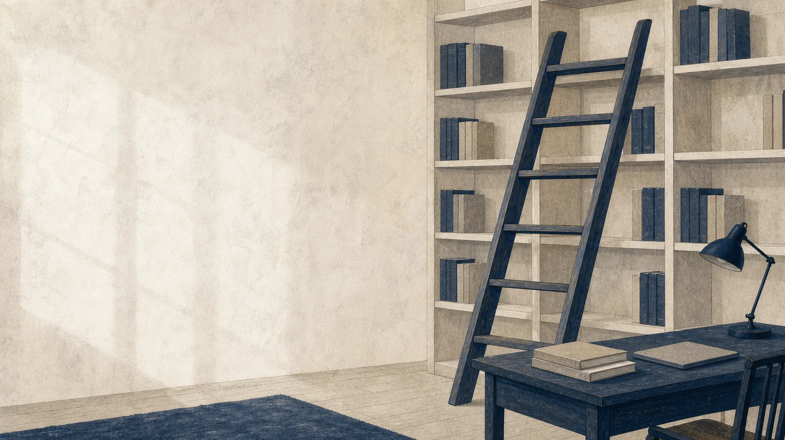 Illustration: a library ladder leaning against bookshelves beside a reading desk
