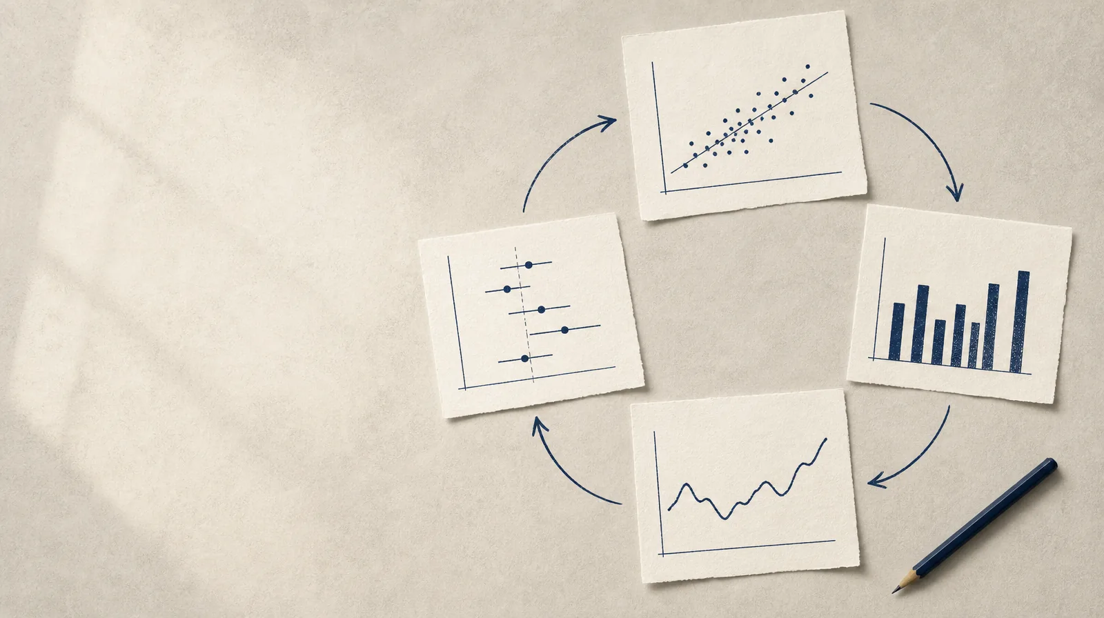 Illustration: four sheets with a scatter plot, bar chart, time series and coefficient plot arranged in a loop