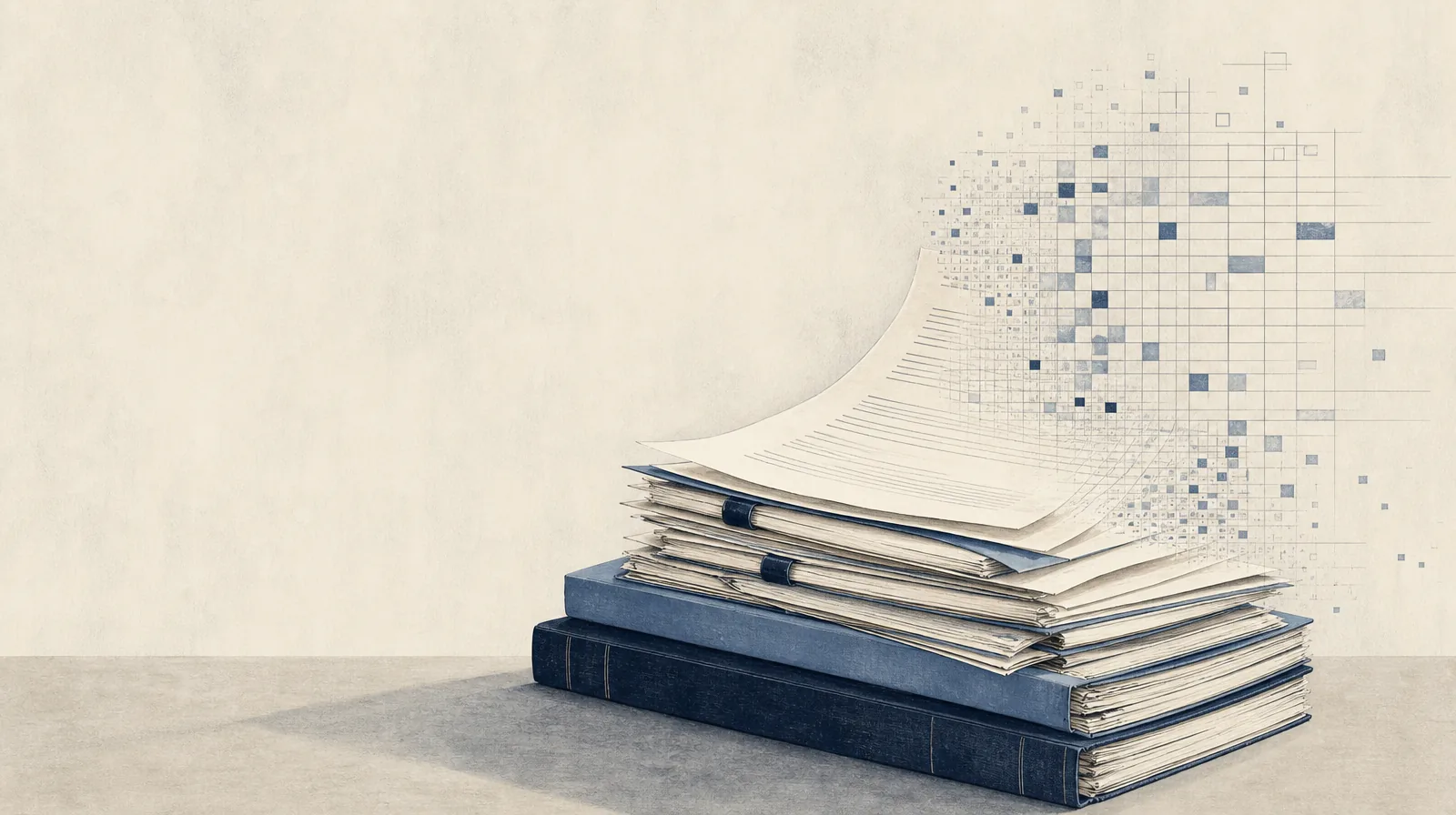 Illustration: a stack of paper filings whose pages dissolve into a data grid