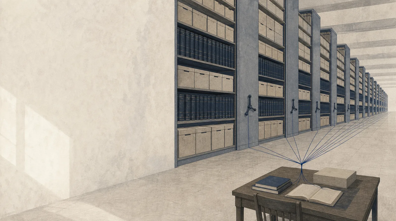 Illustration: archive shelving stacks connected by fine threads to a single reading table