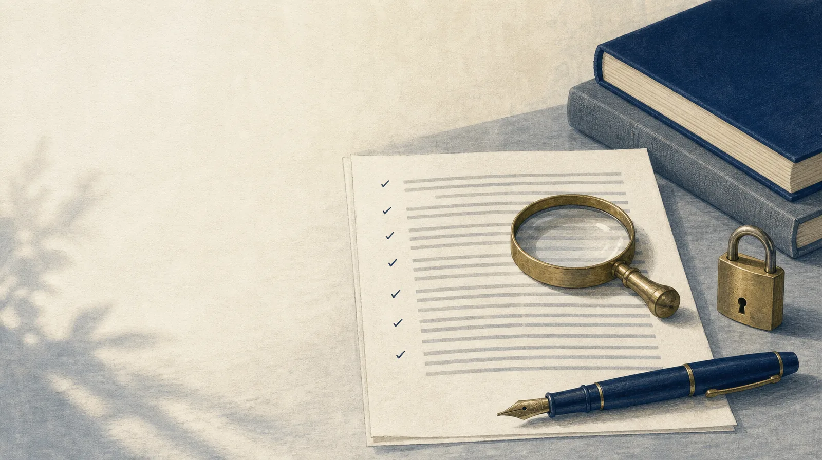 Illustration: a manuscript with checked lines, a magnifying loupe, a fountain pen and a padlock