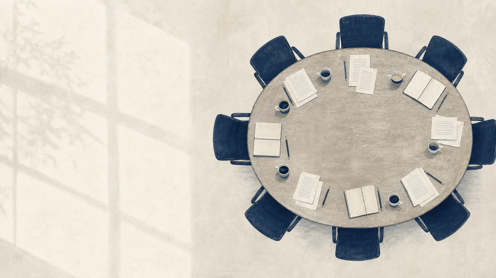 Illustration: an empty seminar table seen from above, set with papers and coffee cups